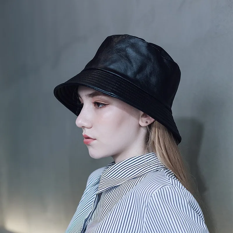 Fashion Unisex Genuine Leather Bucket Hat Women Outdoor Sunscreen Fishing Cap Men Basin Chapeau Sun Prevent Hats Beanie Gorros