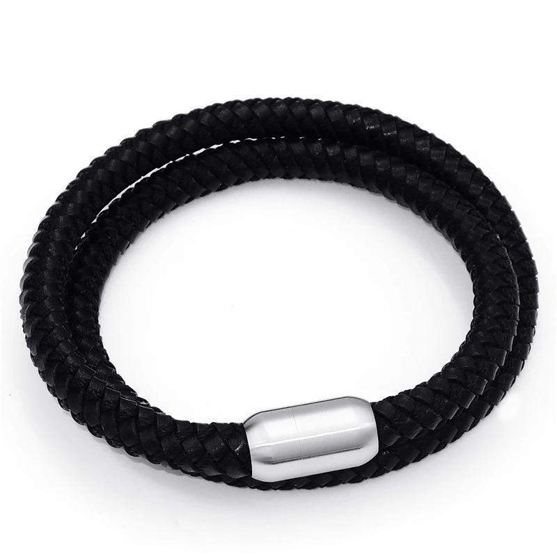 8MM Genuine Leather & Nylon Braided Cord Mens Boys Stainless Steel Magnetic Lock Necklace Chain Jewelry