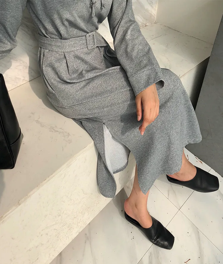 Cheerart Long Midi Sweatshirt Dress Women Long Sleeve Hood Lace Up Split Dress With Belt Grey Korean Fashion Dress Spring