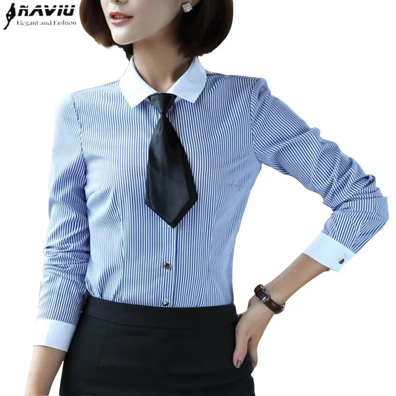 

Spring Fashion Long Sleeve Cotton Women Blouse Elegant Formal Blue Stripe Tie Slim Shirt Office Ladies Work Wear Tops