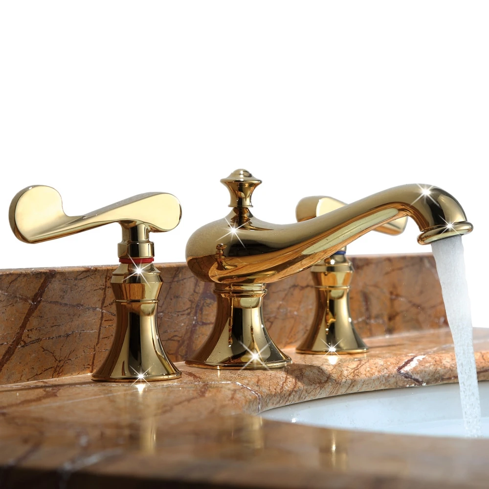 

New Luxury gold Solid brass copper dual handle Washbasin faucet European three holes lavatory Faucet Waterfall tap