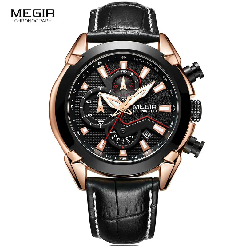 MEGIR Men\'s Fashion Sports Quartz Watches Leather Waterproof Luminous Chronograph Wristwatch Clock Relogios Masculino 2065 Rose