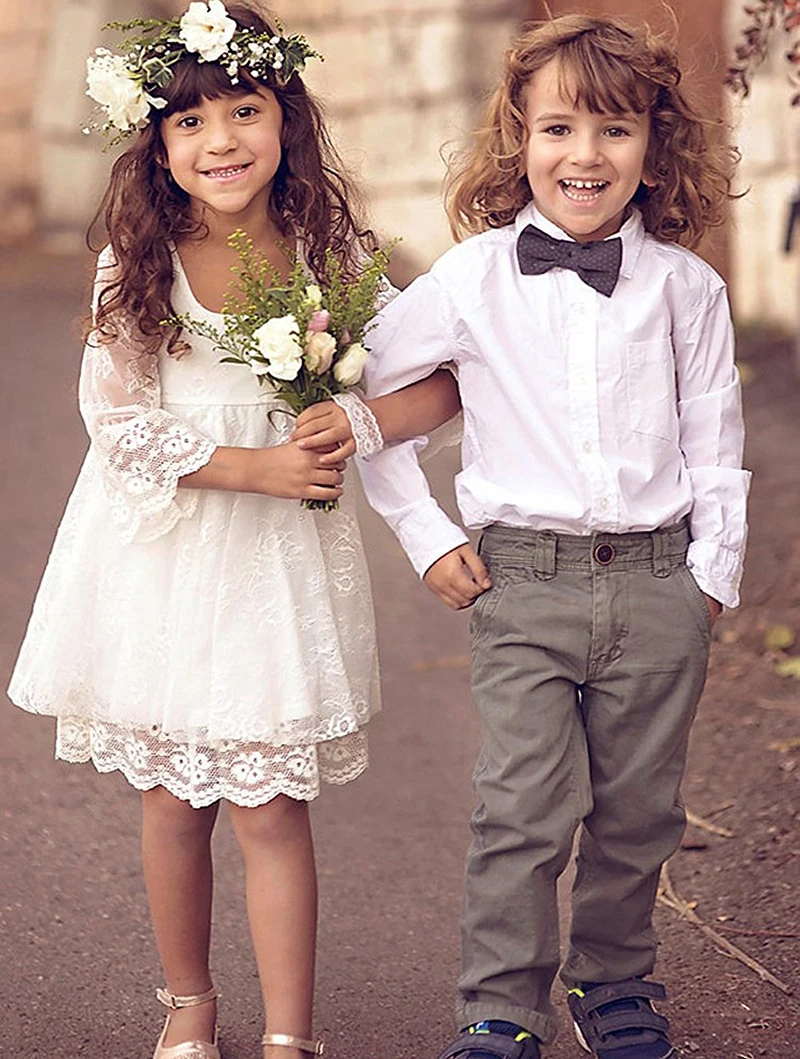 Vestidos de manga larga con cuello cuadrado de encaje para niñas, vestidos cortos de flores para bodas, vestidos de princesa para primera comunión, Disfraces para niñas, 3/4