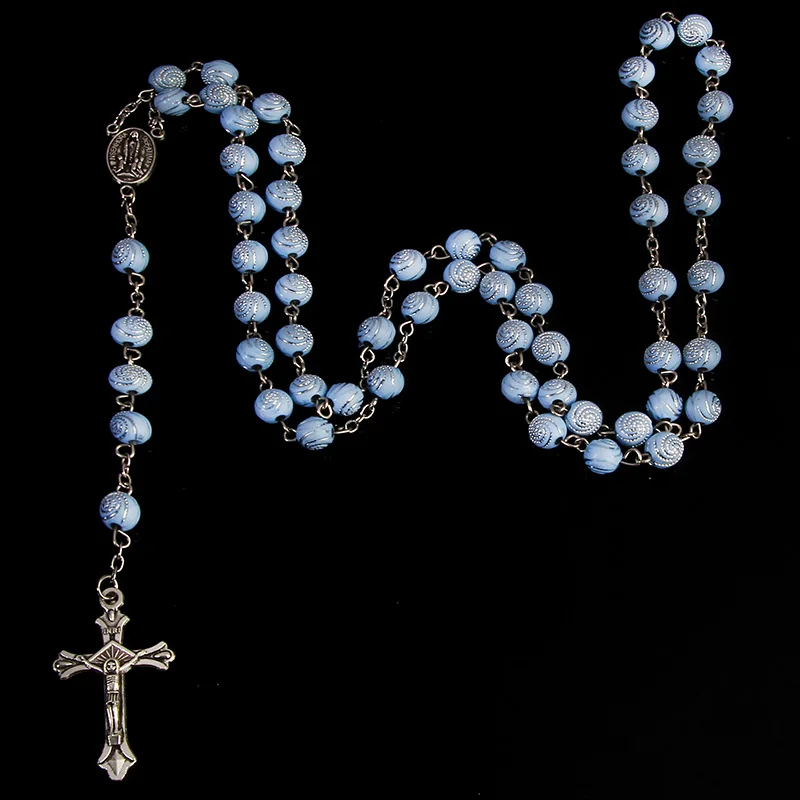 Classic 8MM Spiral Plastic Rosary Necklace, Santa Maria Prayer Necklace, Christian Cross Necklace Religious Jewelry.