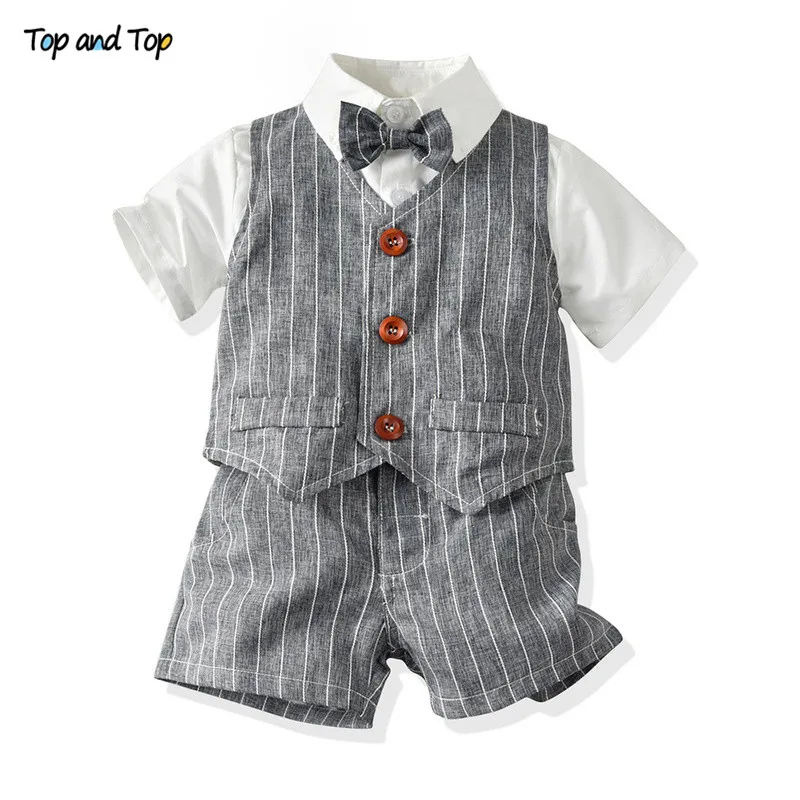 

Top and Top Children Clothing Kids Gentleman Clothes Set Short Sleeve Bowtie Shirt +Vest+Shorts Formal Suit for Wedding Party