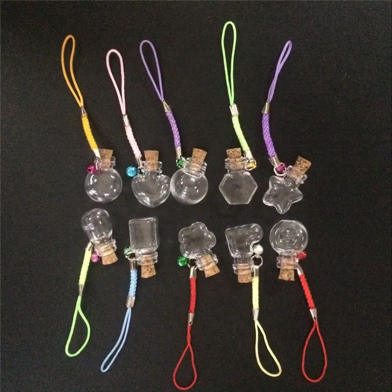 Mini Glass Bottles Pendants with Chain Small Wishing Bottles Glass Vial Arts Jars For Key Bracelets Gift Bottles Mixed 10 Shapes