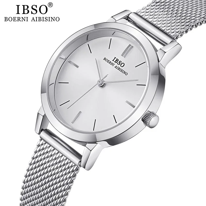 IBSO Women\'s Quartz Watches Fashion Ultra thin Stainless Steel Mesh Strap Quartz Clock Hours Ladies Simple Relogio Masculino