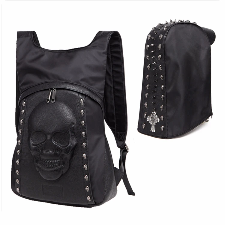 New Fashion Personality 3D Skull Leather Backpack Rivets Skull Backpack With Hood Cap Apparel Bag Cross Bags Hiphop Man 585