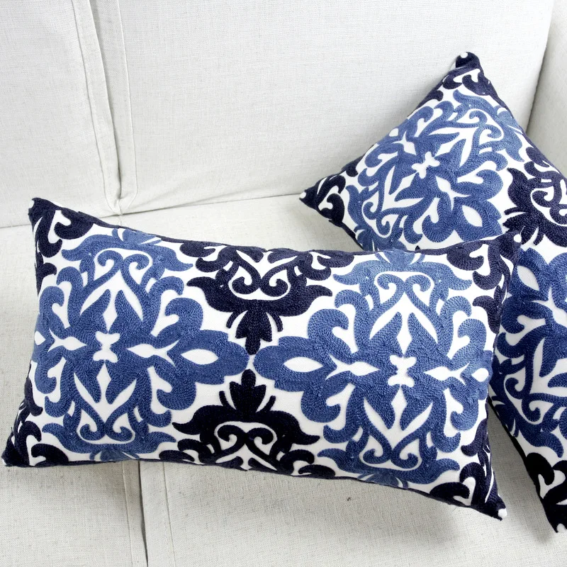

Embroidery Cushion Cover Ethnic Blue Floral Pillow Case For Sofa Seat Simple Home Decorative Rectangle 30*50cm