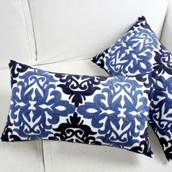 Embroidery Cushion Cover Ethnic Blue Floral Pillow Case For Sofa Seat Simple Home Decorative Rectangle 30*50cm