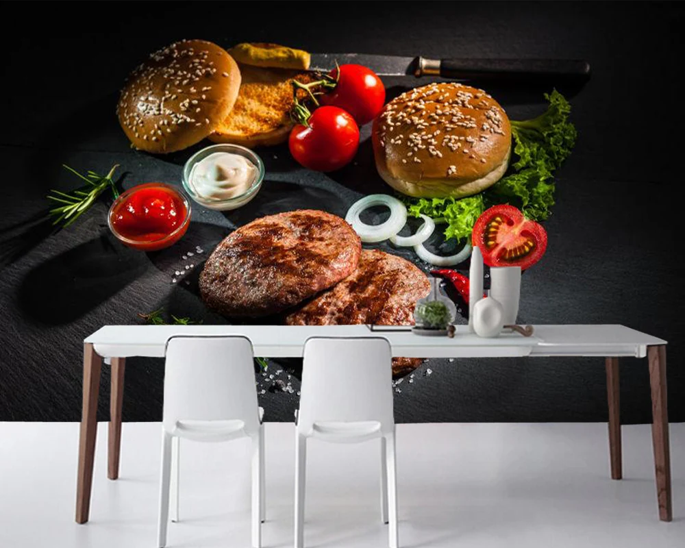 Roast beef patties and hamburger food 3d wallpaper papel de parede,fast food shop kitchen restaurant bar custom mural