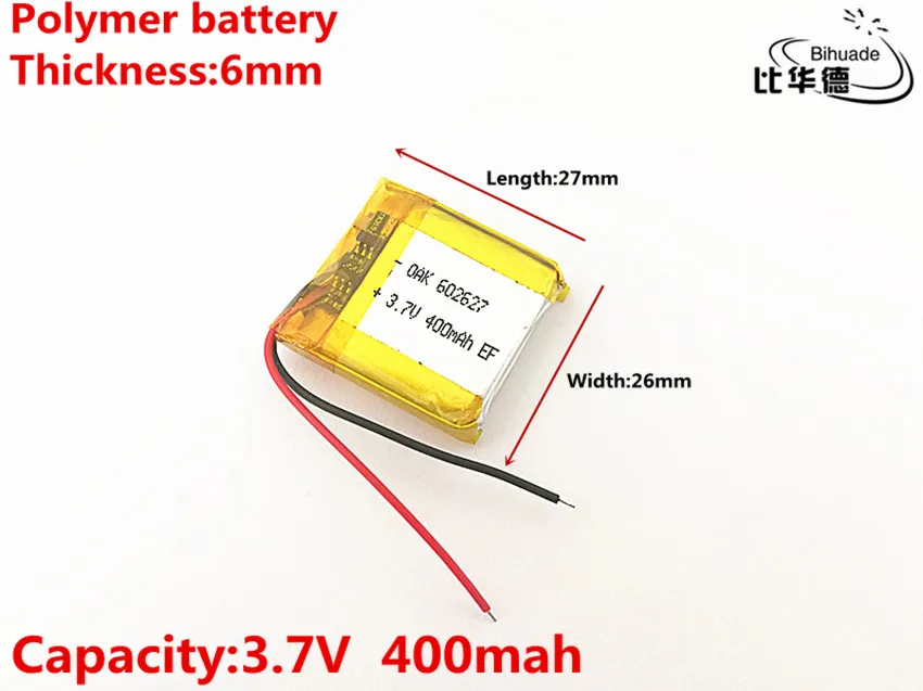 2pcs/lot 3.7V 400mAH 602627 602626 PLIB polymer lithium ion / Li-ion battery for SMART WATCH