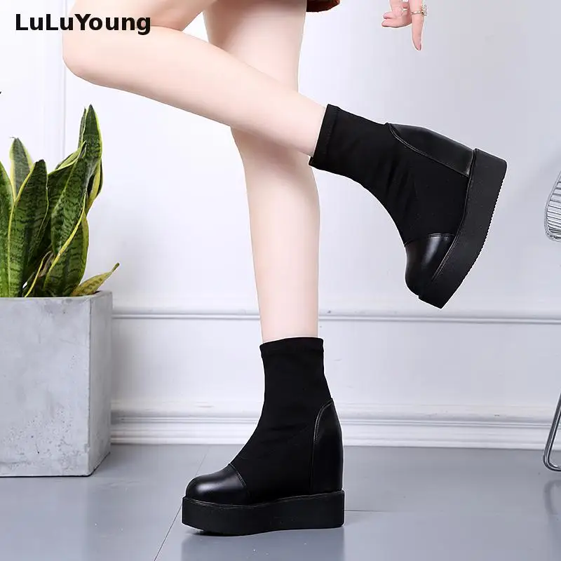 

33-40 Short Boots Women Platform Cloth, Socks Boots High Heels Wedge Ankle Boots