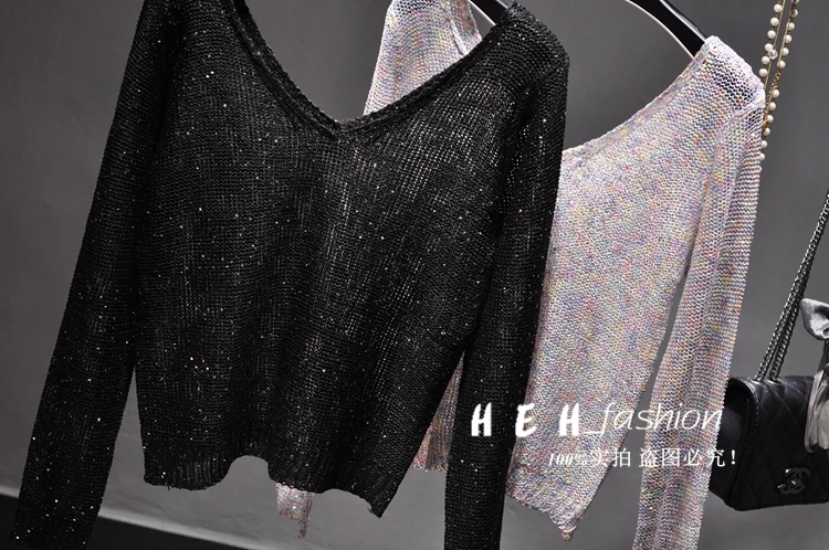 Cakucool New Women Sequined Sweaters Thin Black Long Sleeve V-neck Jumper Backless Sexy Bling Party Knit Pullover Sweater Lady