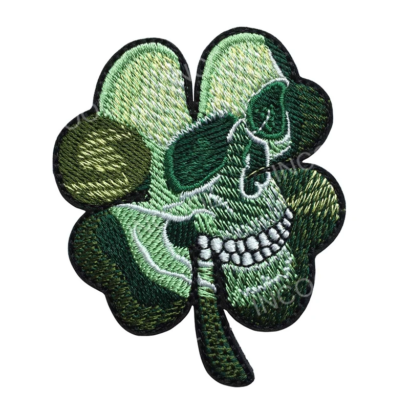 Embroidery Patch Irish Clover Skull Head Hook&Loop Fastener Patch Appliques Embroidered Patches For Clothing