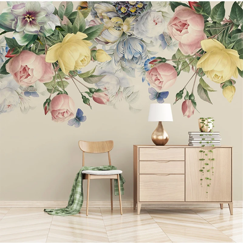 

Custom Wall Cloth Hand-Painted Retro Rose Murals Living Room TV Background Wall Covering Home Furnishing Waterproof Wall Paper