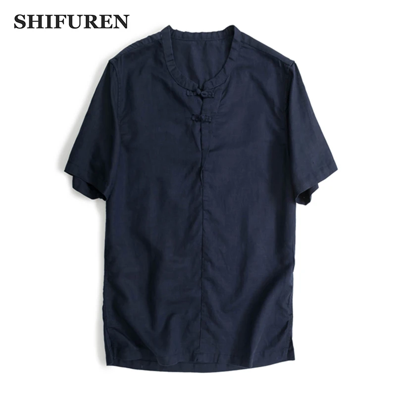 

SHIFUREN New Summer Traditional Chinese Shirts Men Short Sleeve Kung Fu Tang Mens Linen & Cotton Shirts Breathable Loose Fit