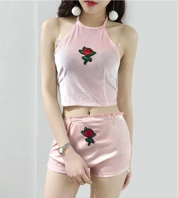 4 Colori Donne Sexy Rosa Del Ricamo Del Velluto 2 insieme A Due pezzi 2018 New Halter Carro Armato Camis Crop Top con Brevi Mutandine Set Outfit