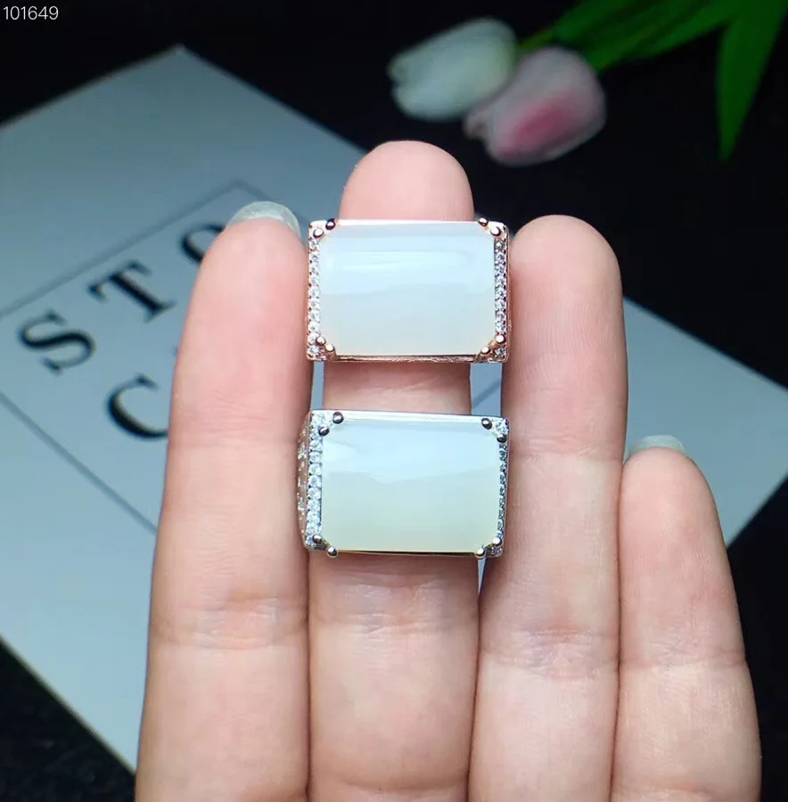 Real And Natural White Jade Ring Man ring Free shipping 925 sterling silver 12*16mm gem For men Fine handworked jewelry