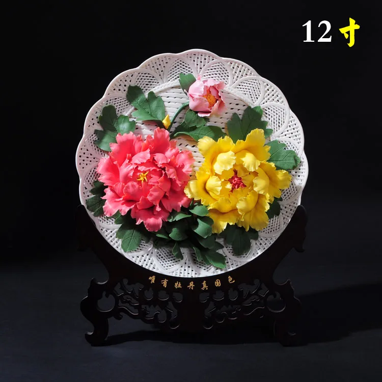 12 inch Luoyang peony disk Home Furnishing living room decoration Dehua ceramic carving handicraft art collection hanging orname