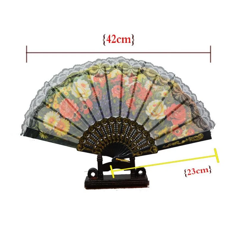 100pcs Black Spanish Style Lace Flower Pattern Cloth Dance Props Party Gift Wedding Lace Silk Folding Hand Held Flower Fan gifts