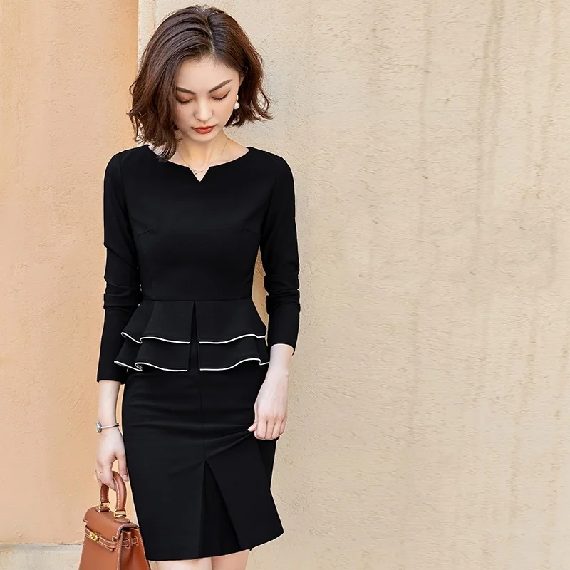 Women Autumn Elegant Frill Peplum 3/4 Sleeve Tunic Vintage Wear To Work Business Party Stretch Bodycon Sheath Dress DD1993