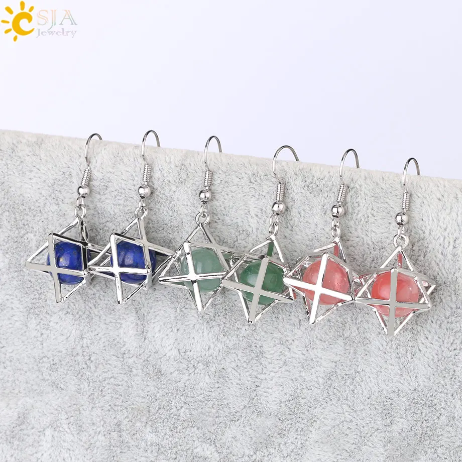 CSJA Natural Stone Hexagram Earrings Merkaba Hollow Star Purple Crystal Round Bead Drop Earring Reiki Fashion Women Jewelry F878