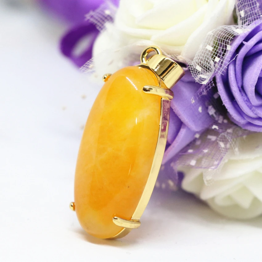 new women drop pendant yellow jades stone oval shape fit diy chain necklace gold-color jewelry 15*30mm B1851