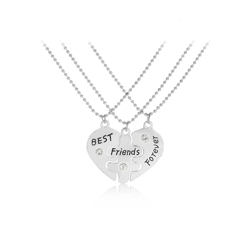 Xmas Gift BFF Statement Necklace 3 pcs Best Friends Forever Silver Color Necklaces Collar Friendship Heart Charm Pendant Gift