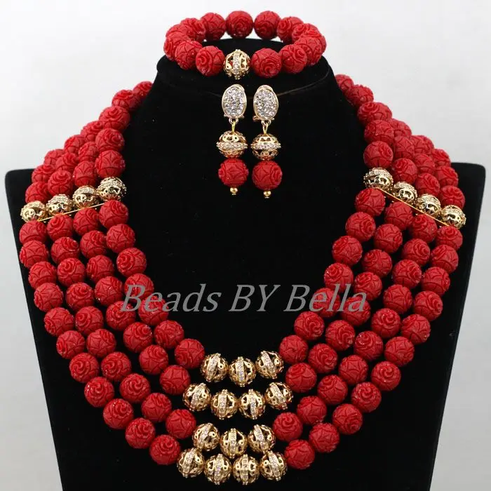 Traditional Red Coral Bridal Jewelry Sets Big Full Beads Nigerian Wedding Women African Costume Jewelry Set Free Shipping ABK091