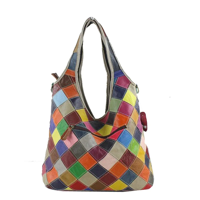 In Stock!Real 100% Genuine Leather Bags Women Hobo Patchwork Flower Handbags Ladies Tote Bag Colorful Freeship