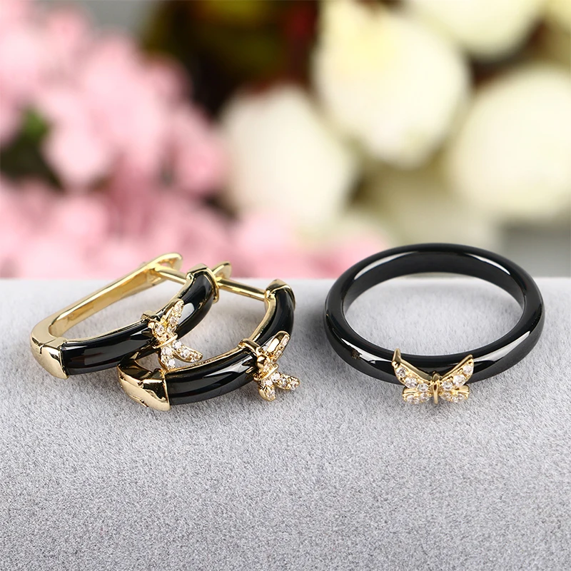 Gold Butterfly Rings and Earrings AAA Rhinestone Healthy Ceramic Jewellery sets Women Mom Gift Jewelry For Wedding Accessories