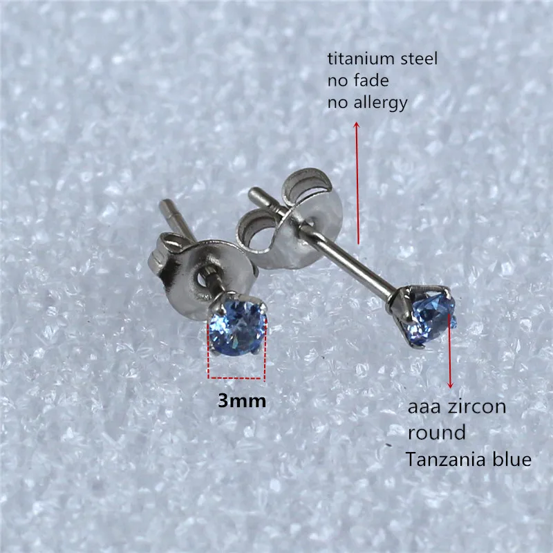 3mm Tanzania Blue Zircon Round Stud Earrings 316L Stainless Steel IP Planting No Fade Allergy