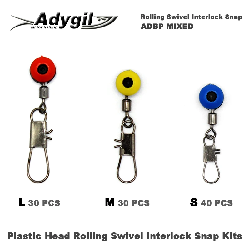 Adygil Fishing Big Plastic Head Rolling Swivel With Interlock Snap Kits ADBP MIXED L M S 100pcs/lot