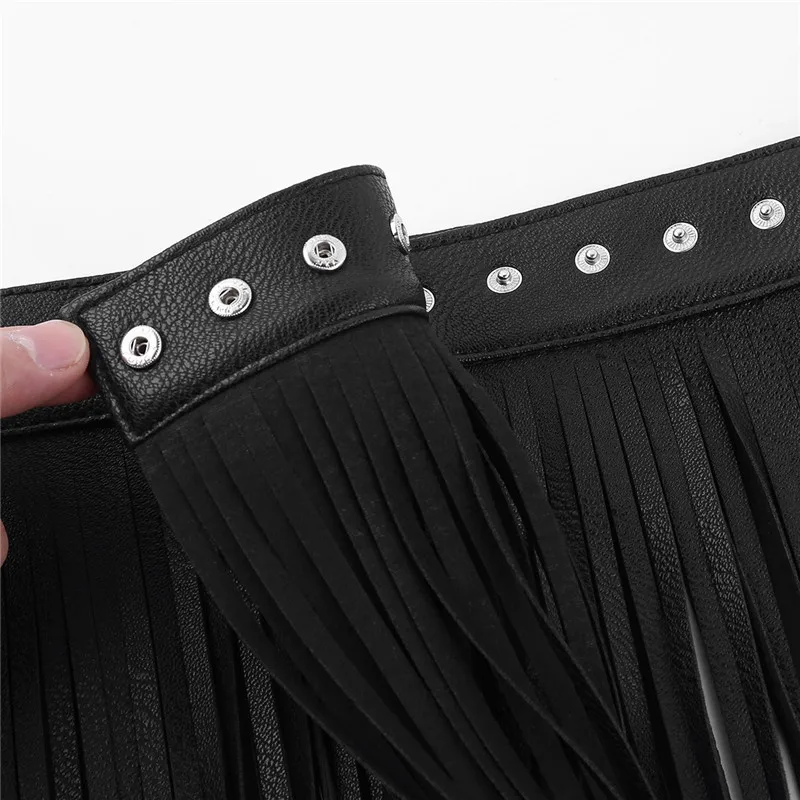 Womens Sexy Tassel Skirts Goth Hippie Boho Waistband Long Fringe Black Leather Tassel Skirt High Waist Skirt Holographic Skirt