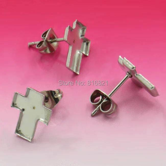 

100pcs Blank Earrings Settings Cross bezel tray Cameo Expoy Bases Stainless Steel stud Earrings post Ear Nuts DIY Findings