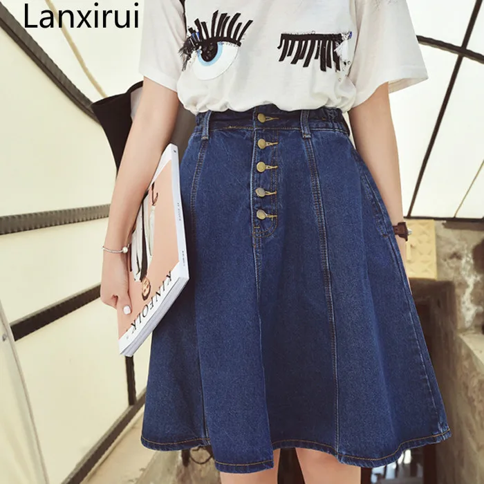 New Denim  Woman Skirt A-line Jeans Front Button Knee-Length High Waist Saia Jupe Korea Style Skirts Women Saias