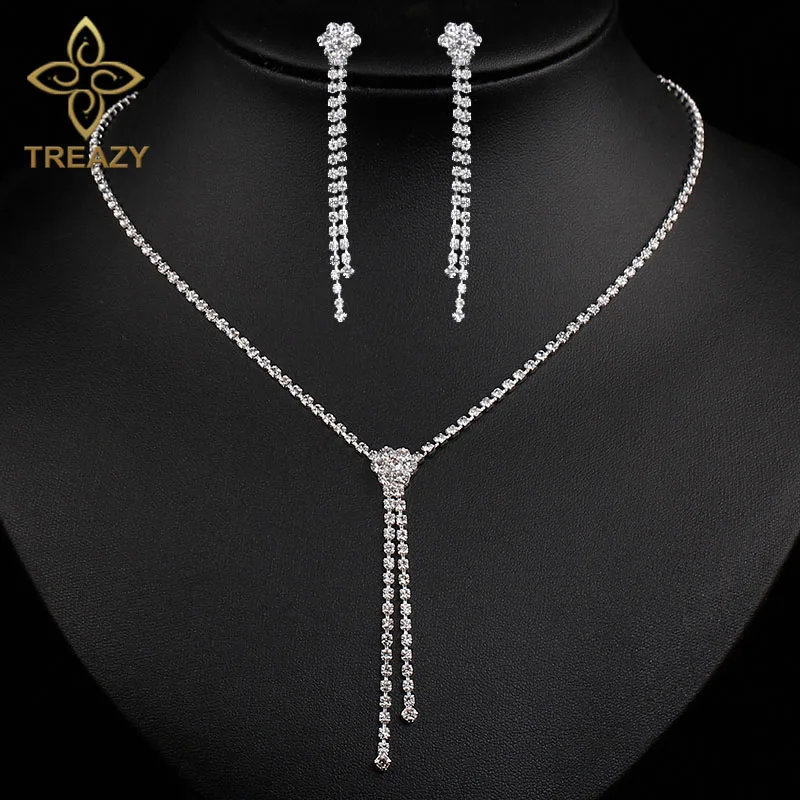 TREAZY Simple Bridal Bridesmaid Jewelry Sets Fashion Silver Plated Crystal Wedding Jewelry Sets Necklace Earrings Set for Women