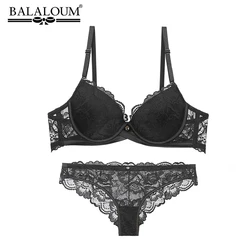 BALALOUM Sexy Push Up Floral Lace Bra Briefs Sets Transparent Panties Comfortable Brassiere Underwear Lingerie BLACK