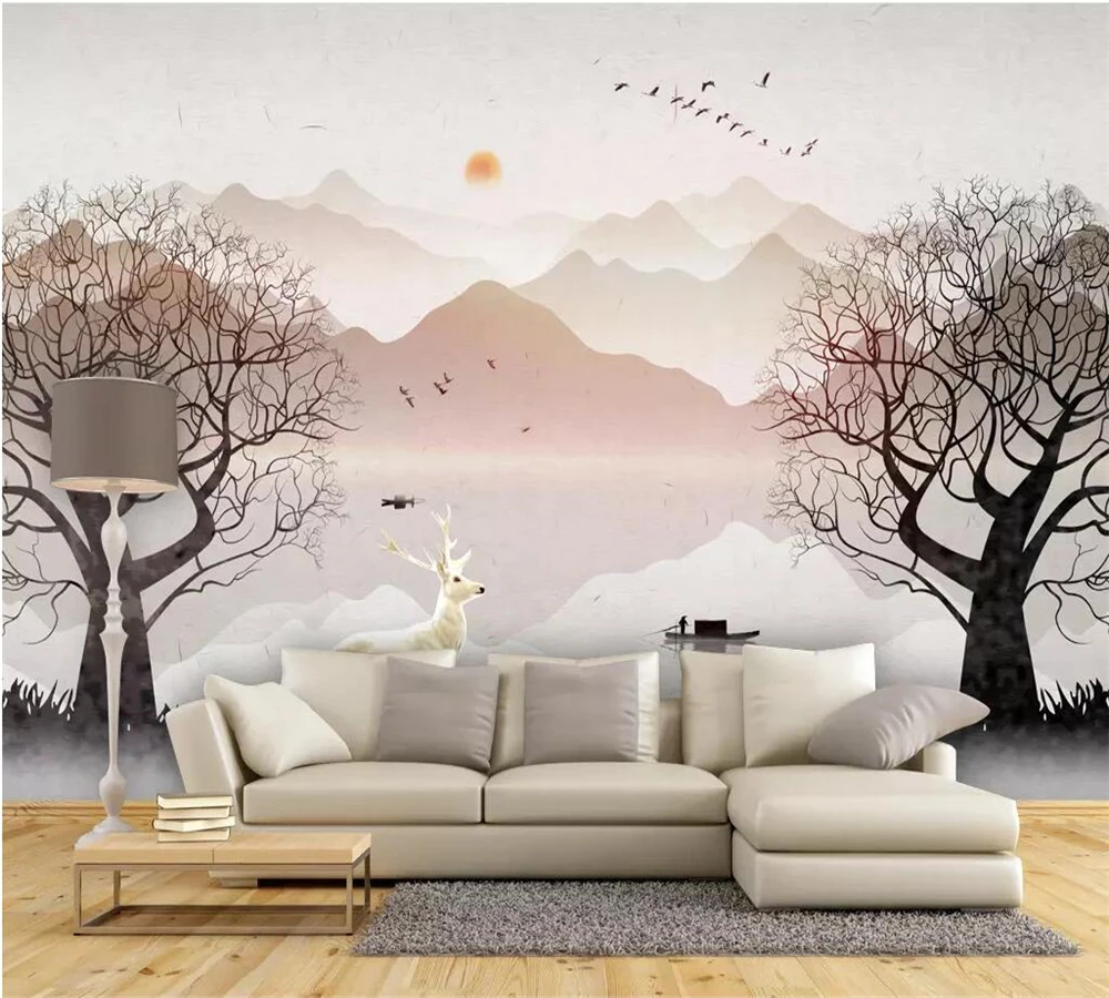 

beibehang Custom wallpaper 3d mural Nordic forest abstract artistic ink landscape white deer background wall papers home decor