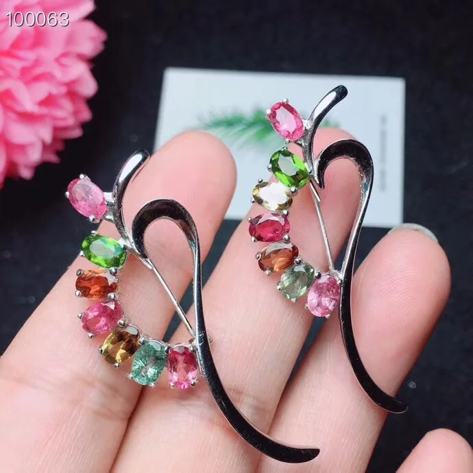 

Dual-use Style, Natural Tourmaline Brooch, Beautiful Colors, 925 Silver,