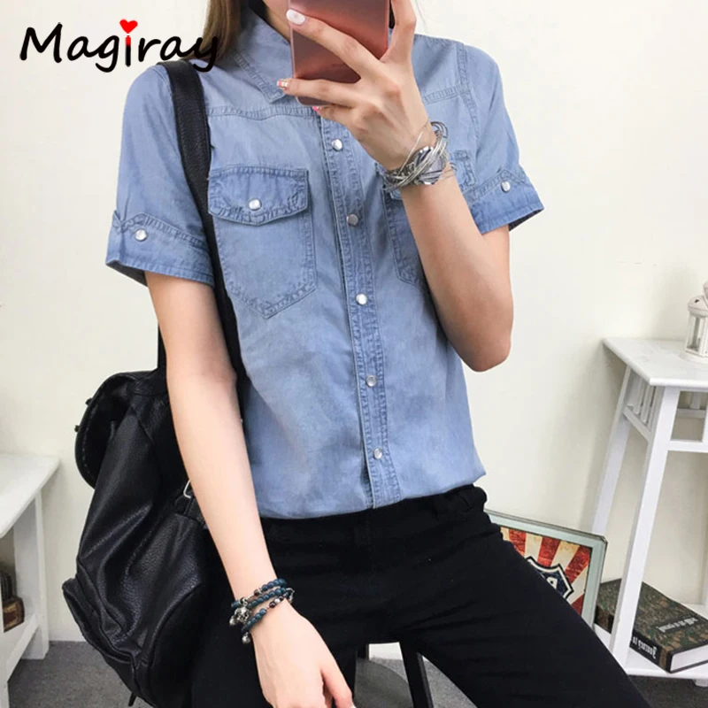 Magiray Harajuku Denim Blouse Women Summer Short Sleeve Vintage Jeans Shirt Femme Baggy Button Pocket Casual Blusa Feminina 316