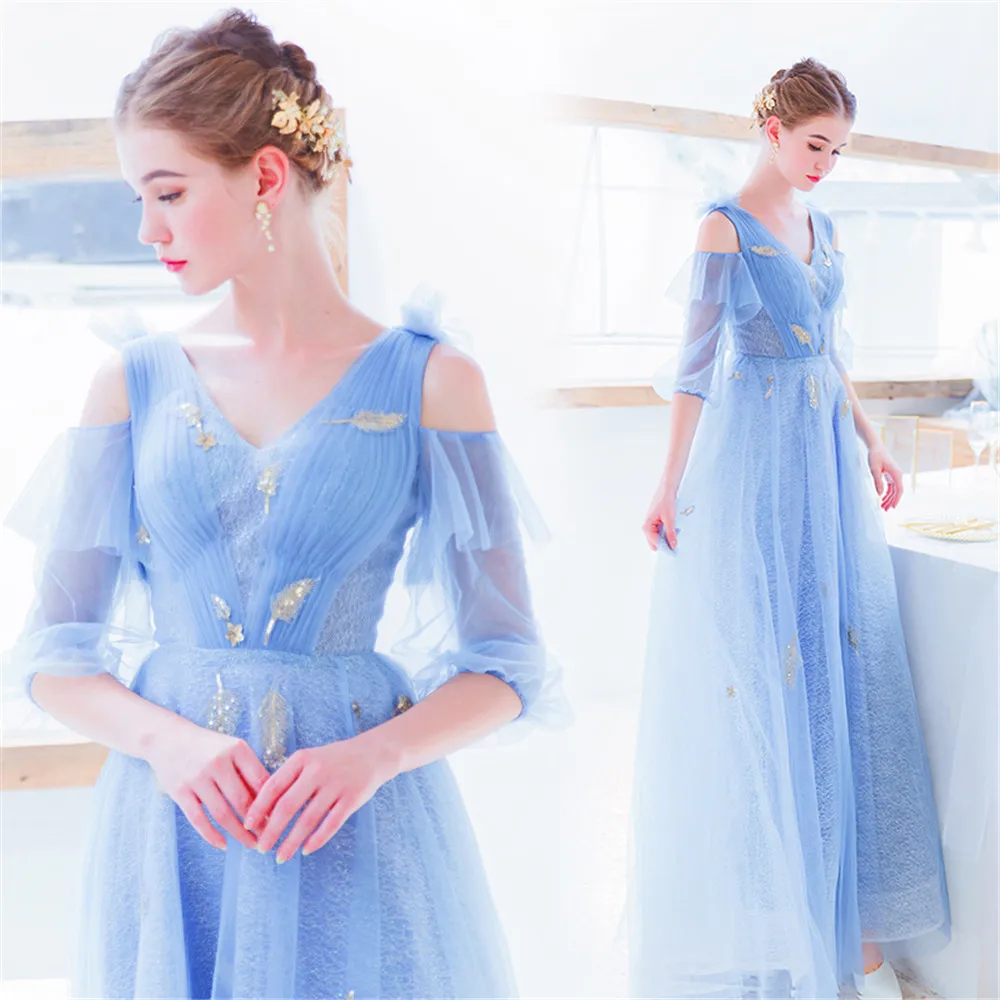 Blue A-line Half Sleeve Floor Length Tulle Appliques Elegant Formal Evening Dresses Bride Banquet Party Prom Dress XH497