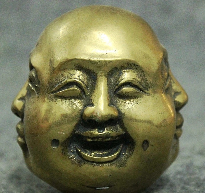 Folk China Chinese Brass Buddhism 4 Face Xi Nu Ai Le Maitreya Buddha Head Statue 8.4 cm