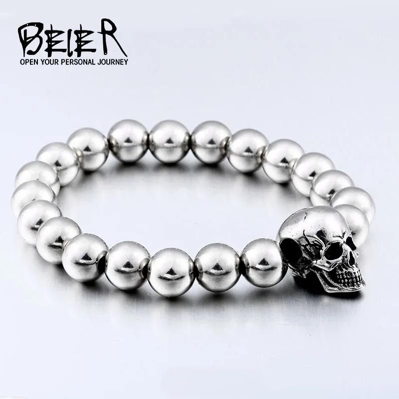 BEIER Steampunk Metal Skull Bracelets Elastic Steel Beads Chain Skeleton Men Bracelets Sets Male Hand Accessories gift HSS006