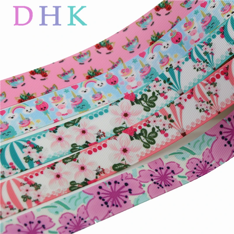 DHK 50yards Unicorn Flower Balloon Printed Grosgrain Ribbon Accessory Material  Headwear Decoration Wholesale Craft DIY S835