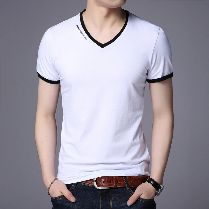 New Mens T Shirts Fashion Summer V-Neck Slim Fit Short Sleeve T Shirt Men Mercerized Cotton Brand-Clothing Casual Men T-Shirt