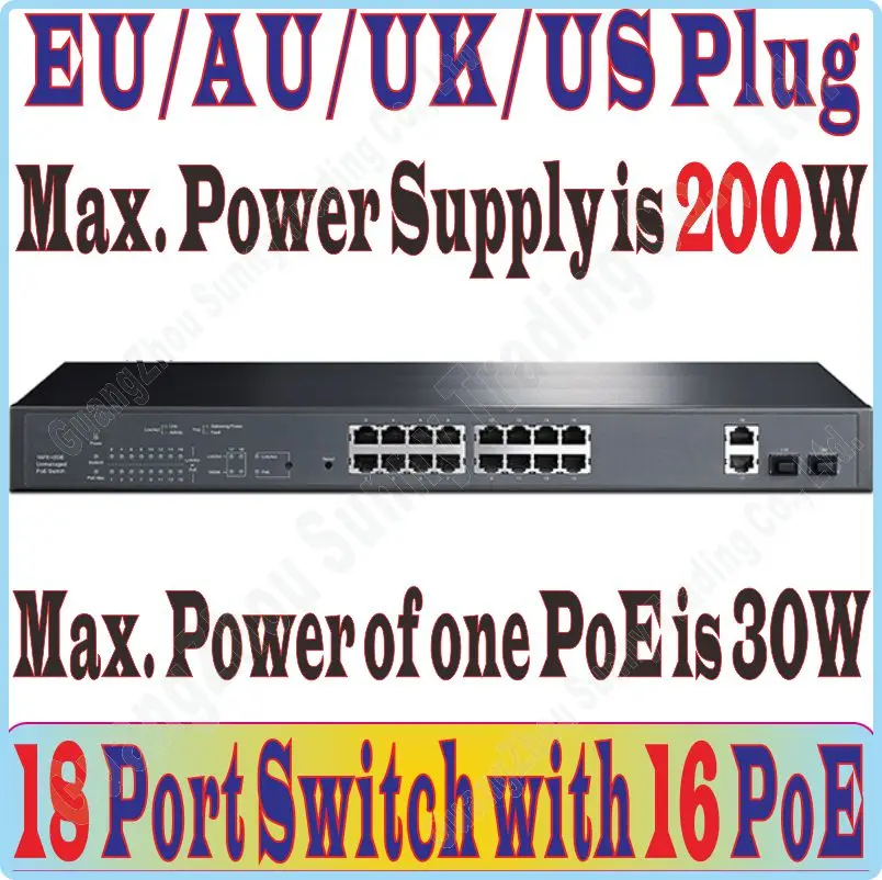 

Max PoE 200W, 18 ports 100Mbps PoE Switch supplys power to Camera / AP, with 16 Port PoE & 2 * RJ-45 Gigabit Port & 2 * SFP port