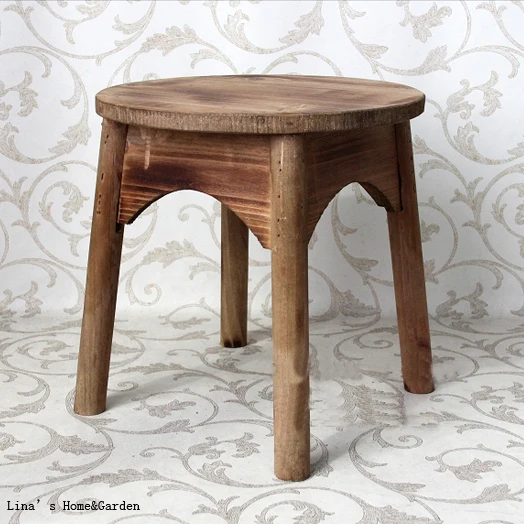 Shabby Chic Old Solid Wood Stool, Four Round Legs, Round Top