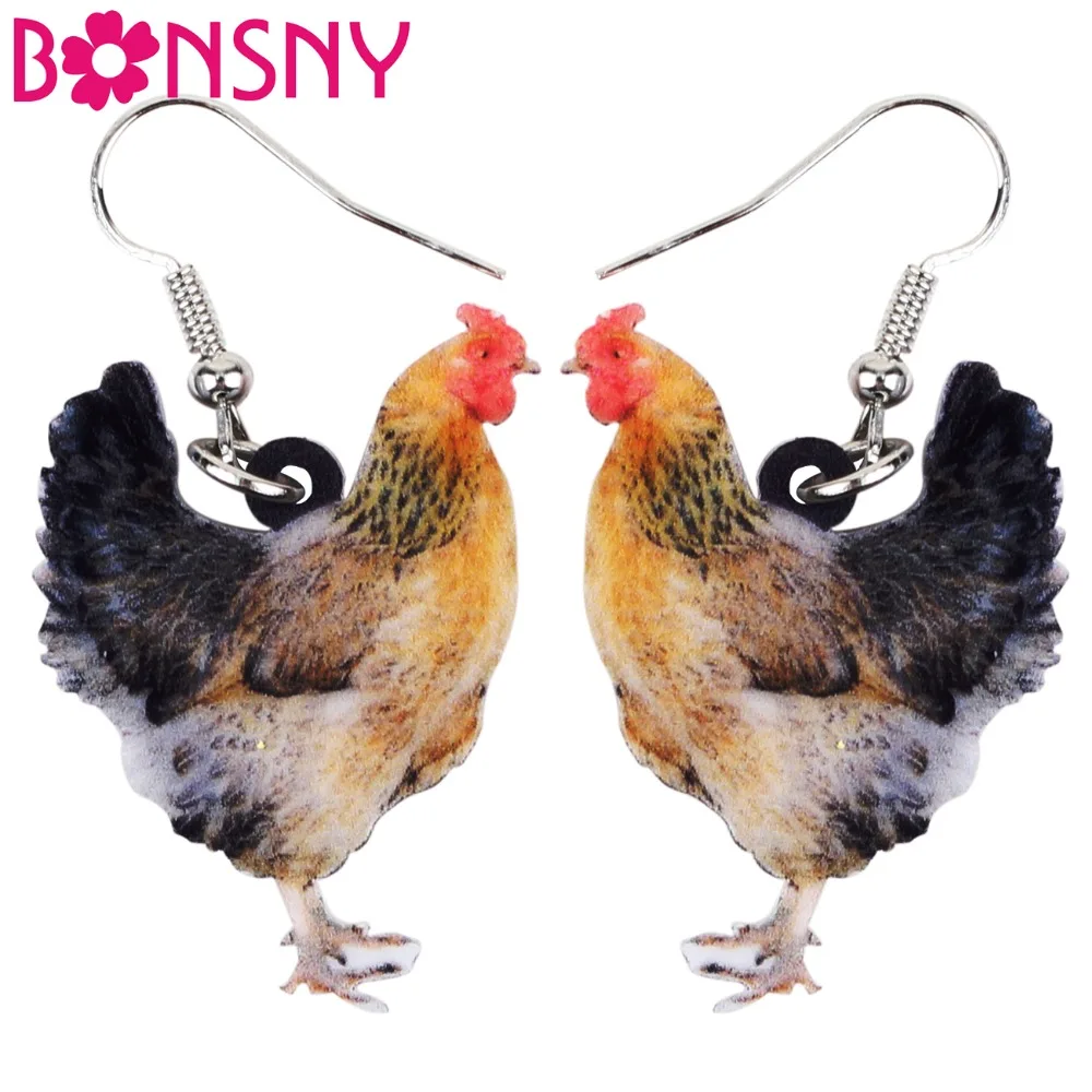 Bonsny Acrylic Elegant Chicken Hen Earrings Big Long Dangle Drop Farm Animal Jewelry For Girl Women Ladies Teens Bulk Gift Biddy